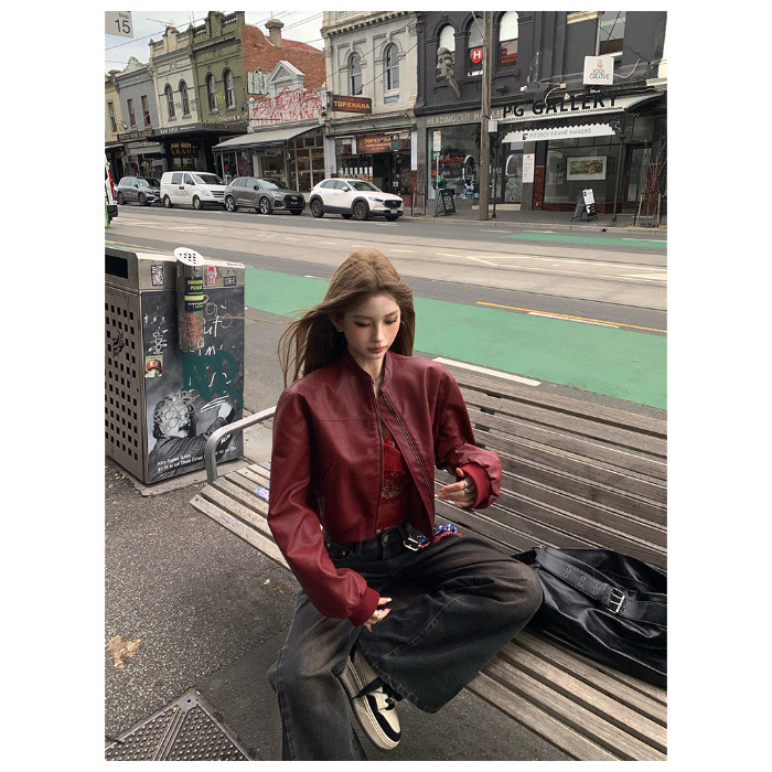 欧美跨境亚马逊美式安可拉红色皮衣外套女2025新款小个子短款夹克|undefined