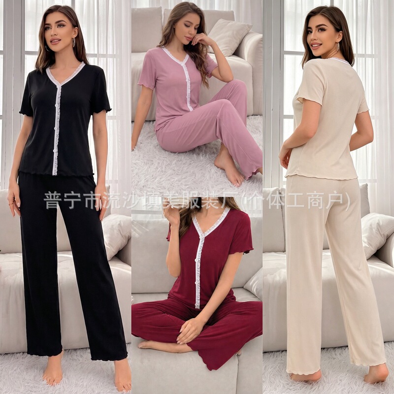 Summer New Style Ribbed Wide-Leg Pants, Loose Casual Thin Short-Sleeve Long Pants with Ruffles, Home Wear, in Stock Wholesale
