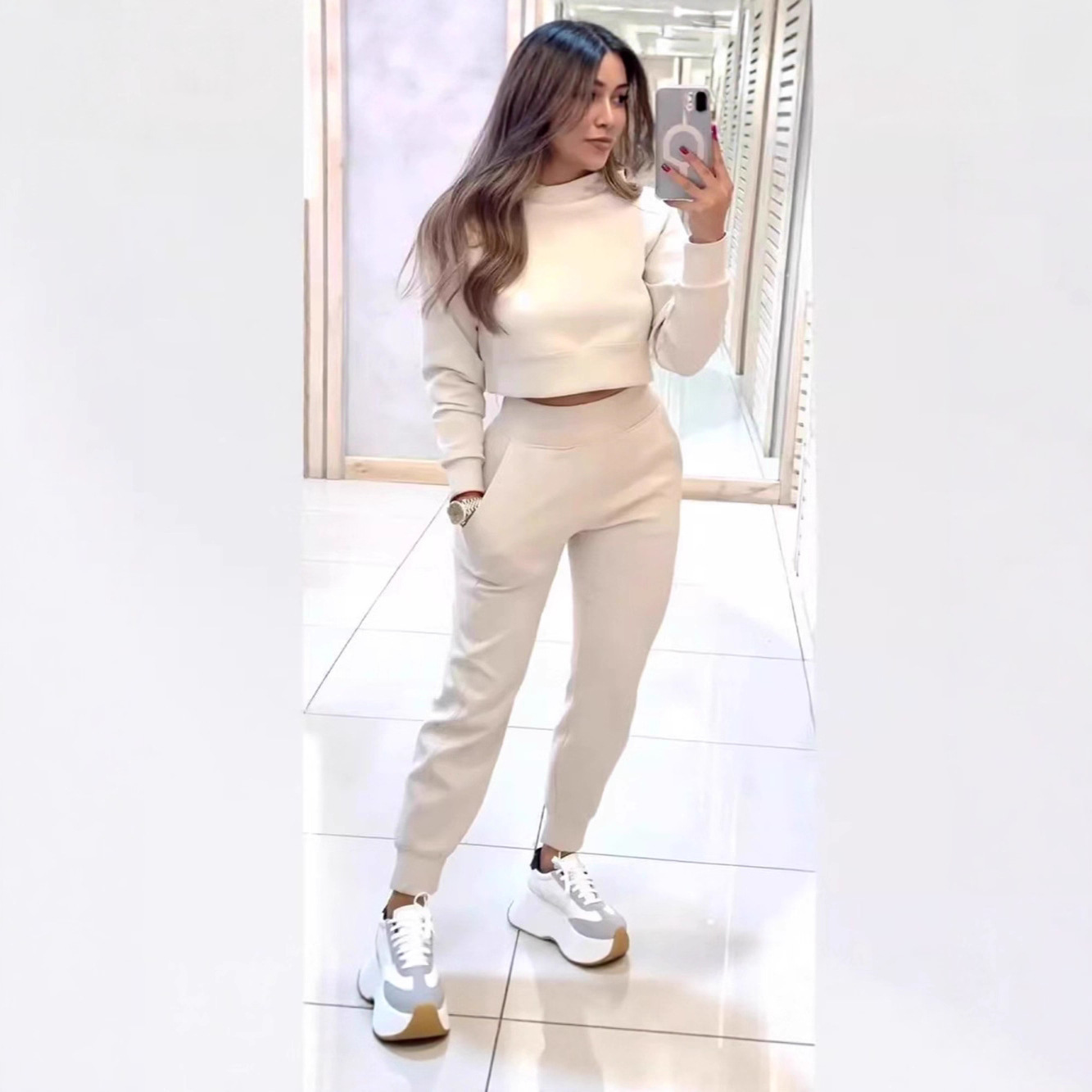 Cross-Border European and American Style Spring and Autumn Sporty and Elegant Women's Fleece-Lined Suit, Casual Slimming European and American Style High-Waisted Pants Suit