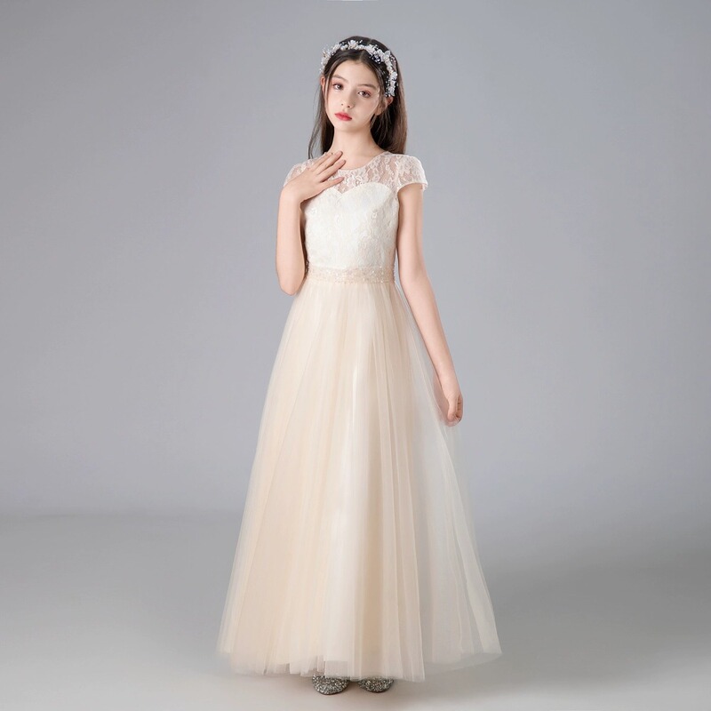 New Children's Dress French Lace Short-Sleeved Tulle Long Dress Elegant Stage Performance Costume