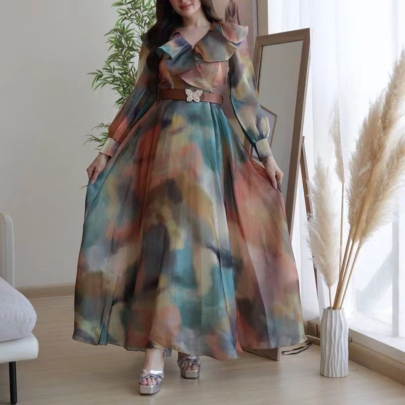 2025 primavera y verano nuevo estilo de comercio exterior europeo y americano estampado vestido de malla de gran swing viaje vestido de mujer de talla grande europeo y americano image 8