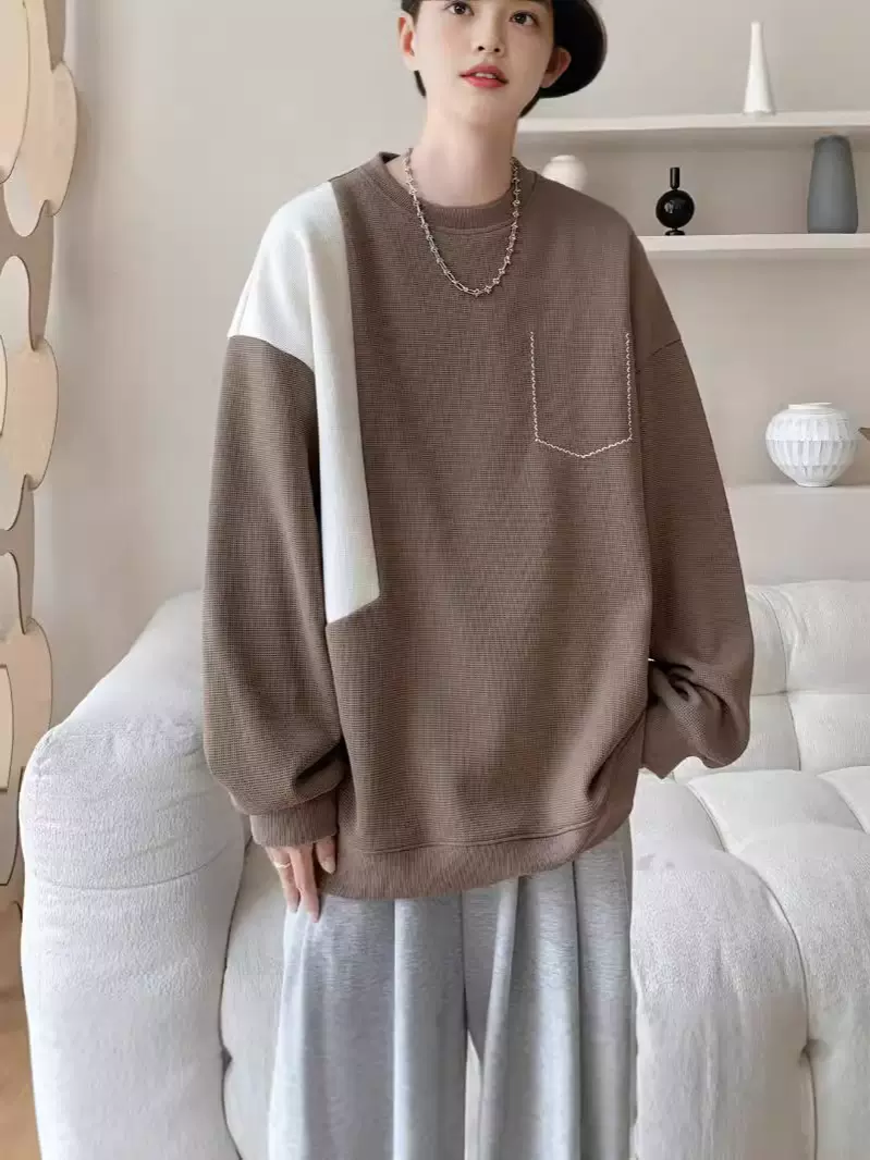 撞色拼接圆领卫衣男秋季新款宽松大码上衣vibe风美式复古潮牌外套