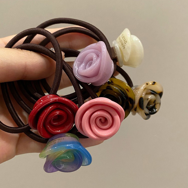Hårsnodd med rosblomma för damer sött akrylhårband hästsvans_voghion.com