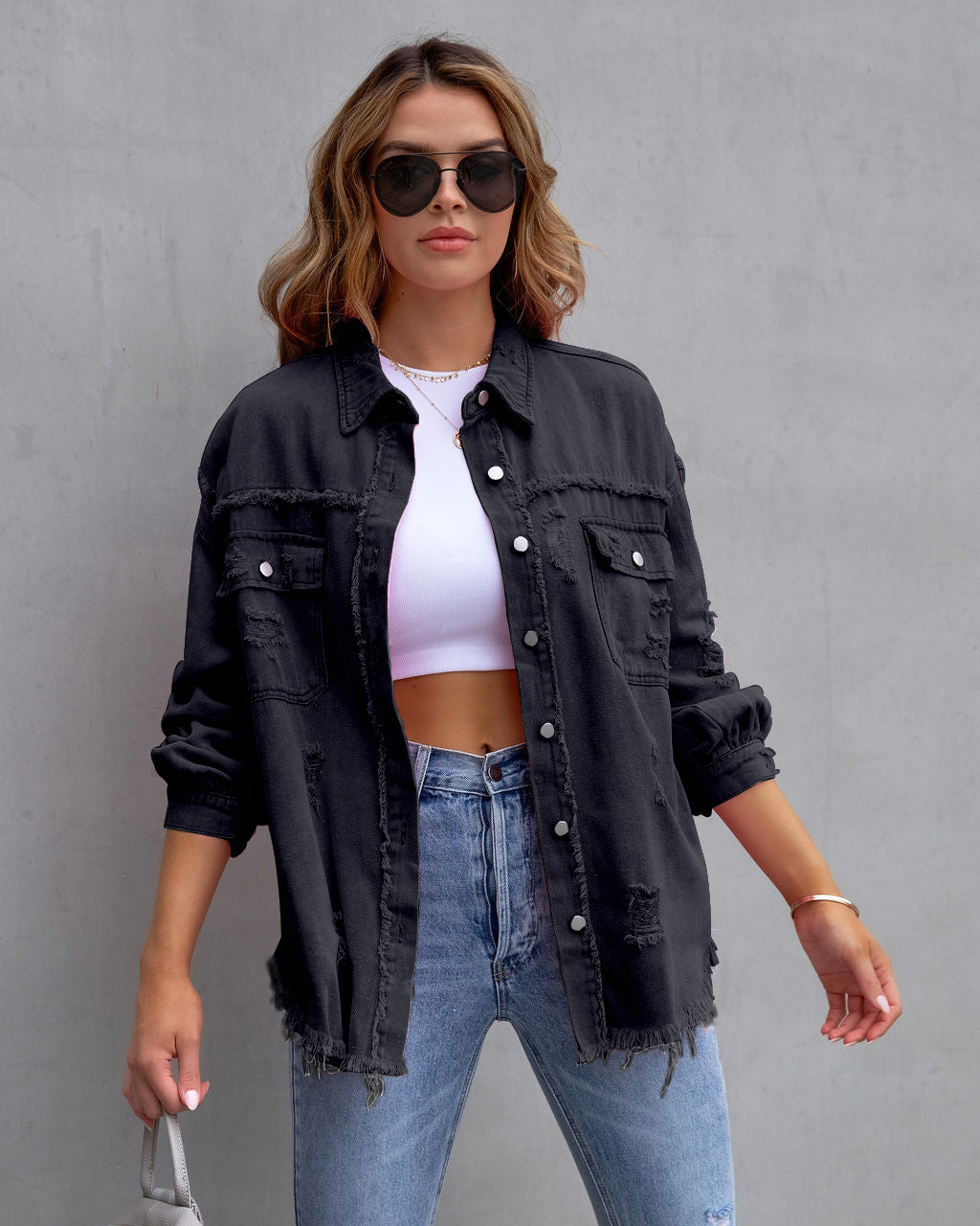 Giacca di jeans donna con volant strappata bavero manica lunga_voghion.com