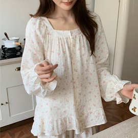 2026  秋季韩系双层加厚棉纱粉色小碎花家居服睡衣套装