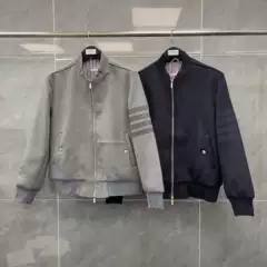 Trendy TB Classic Striped Four-Bar Stand Collar Cardigan Wool Blend Baseball Jacket Unisex Fashionable Casual