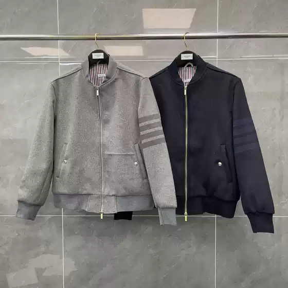 Trendy TB Classic Striped Four-Bar Stand Collar Cardigan Wool Blend Baseball Jacket Unisex Fashionable Casual