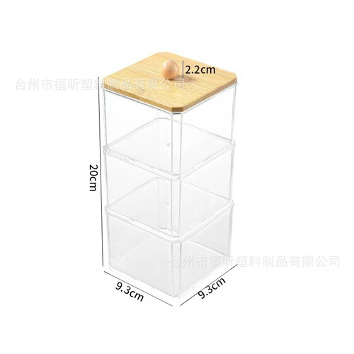 Cosmetics Cotton Swab Storage Box, Cleansing Cotton Toothpick Transparent Acrylic Bamboo Lid Storage Box, Stacking Desk Organizer