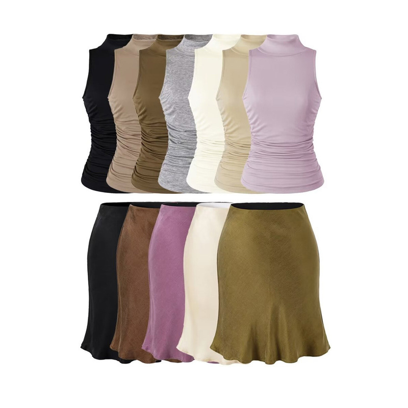 Elegant half-high collar sleeveless ruched tank top for women, summer pure and alluring slimming drapey fishtail skirt two-piece set