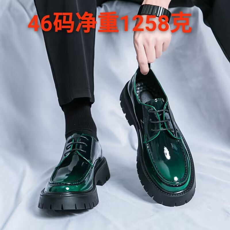 2024 new men's big toe leather shoes thick bottom lace-up patent leather glossy casual chunky heel loafers fashion shoes for hairstylist