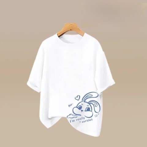 Pure Cotton Casual Sports Style Girl Short-Sleeved T-Shirt for Middle and High School Students Summer Loose and Cute Rabbit Print Top