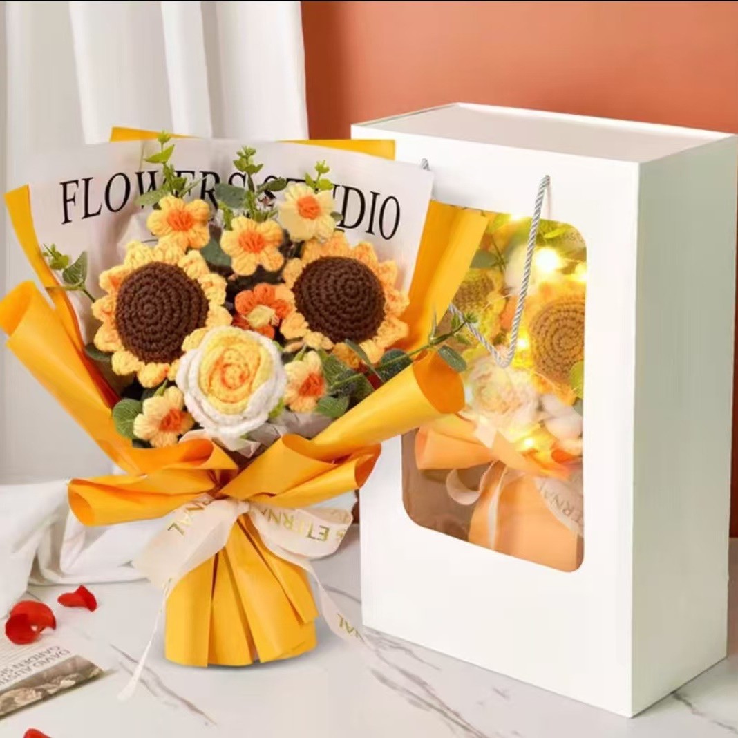 Productos transfronterizos acabados de lana tejido flores hechas a mano girasol trenzado regalos de vacaciones decoración flores falsas al por mayor