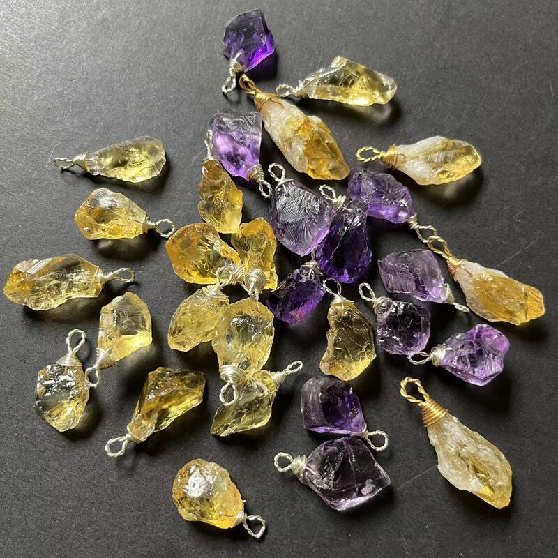 Natural Crystal Raw Stone Pendant Necklace Yellow Crystal Powder Amethyst DIY Winding Clavicle Chain Couple Girlfriend Gift