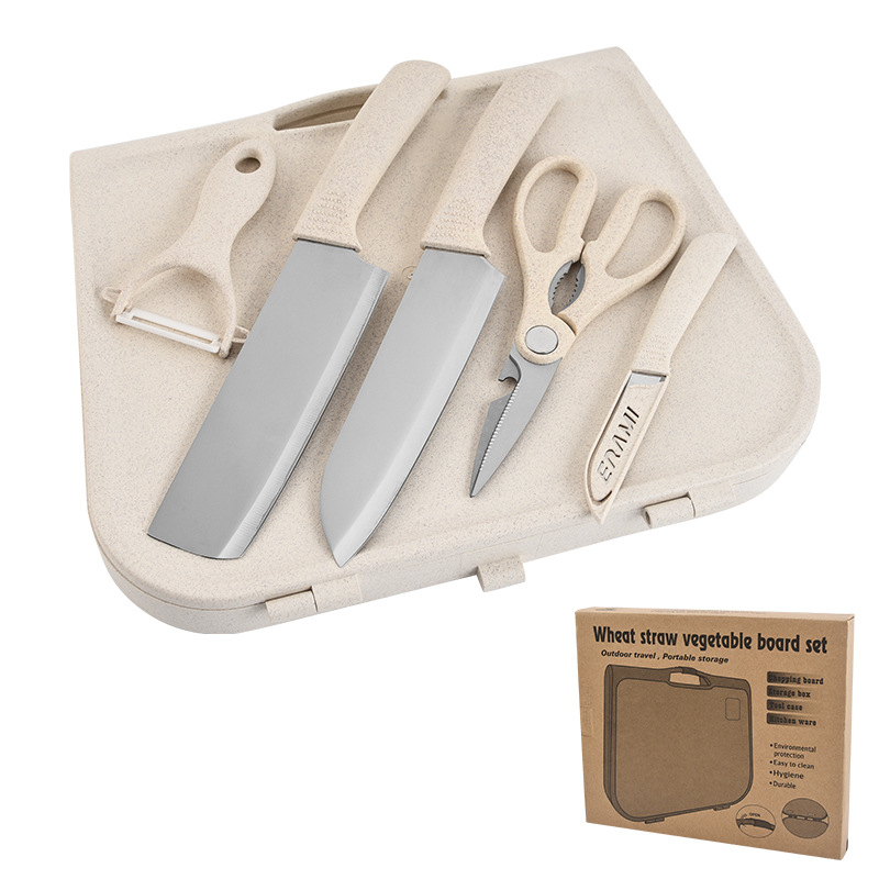 Wheat Straw Suitcase With Cutting Board Knife Six-piece Set Kitchen Knife Chef Knife Fruit Knife Portable Storage