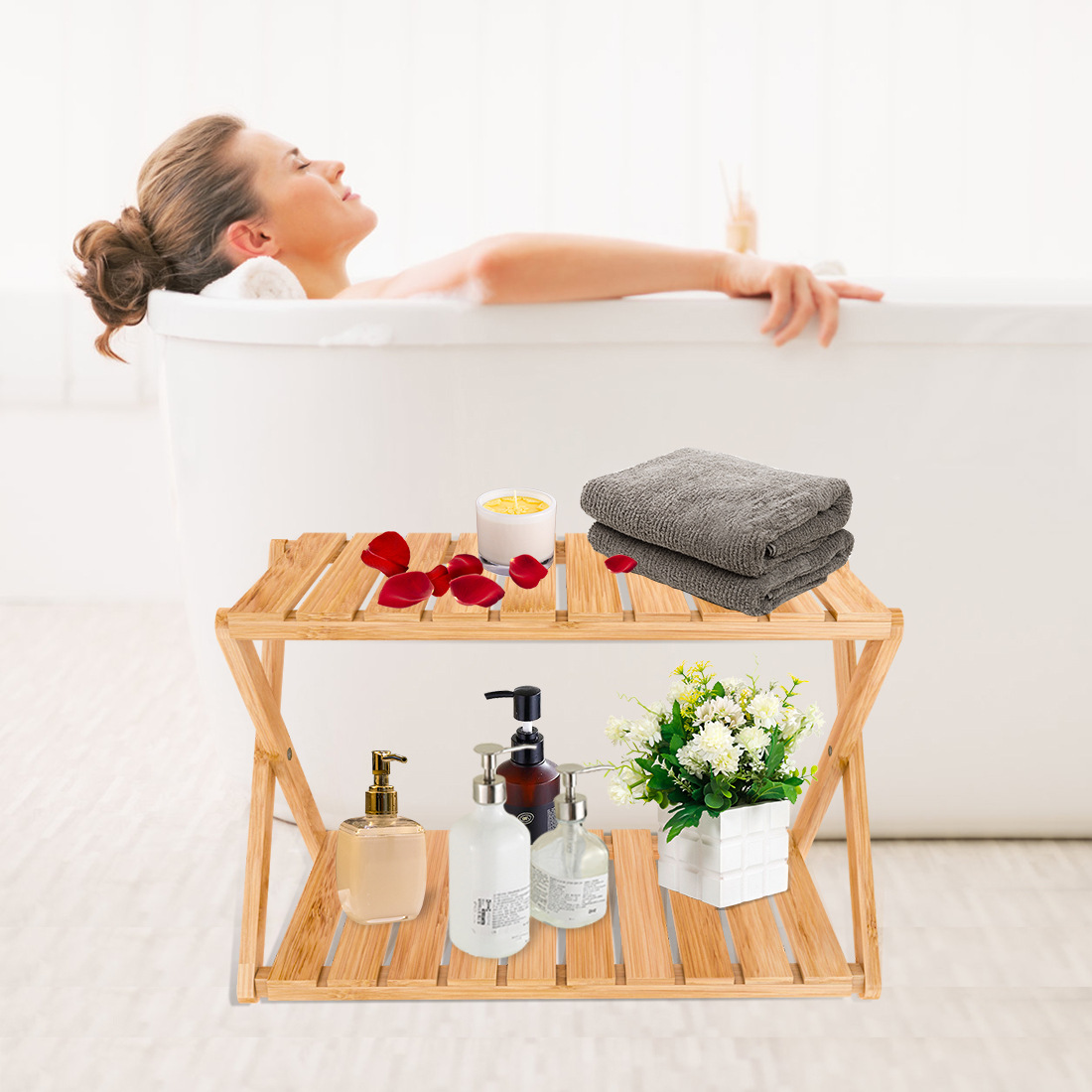 Bamboo Modern Minimalist Fashionable Bathroom Storage Rack, Simple Foldable Shoe Rack for Home