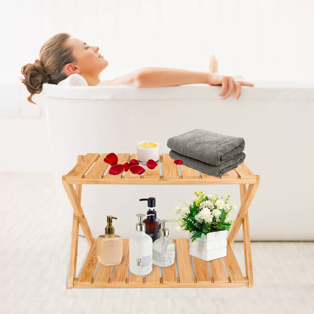 竹制现代简约时尚卫生间置物架浴室收纳架简易鞋架可折叠家居
