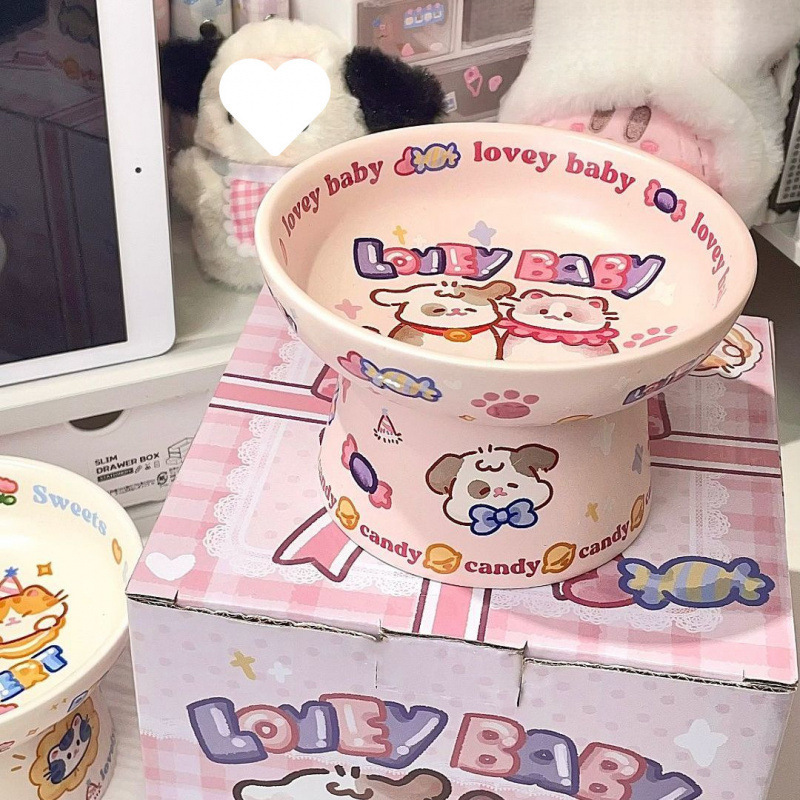 かわいい漫画の高温耐性、拭いてきれいに、転倒防止、頚椎を保護するセラミック製の背の高いペット猫ボウル|undefined