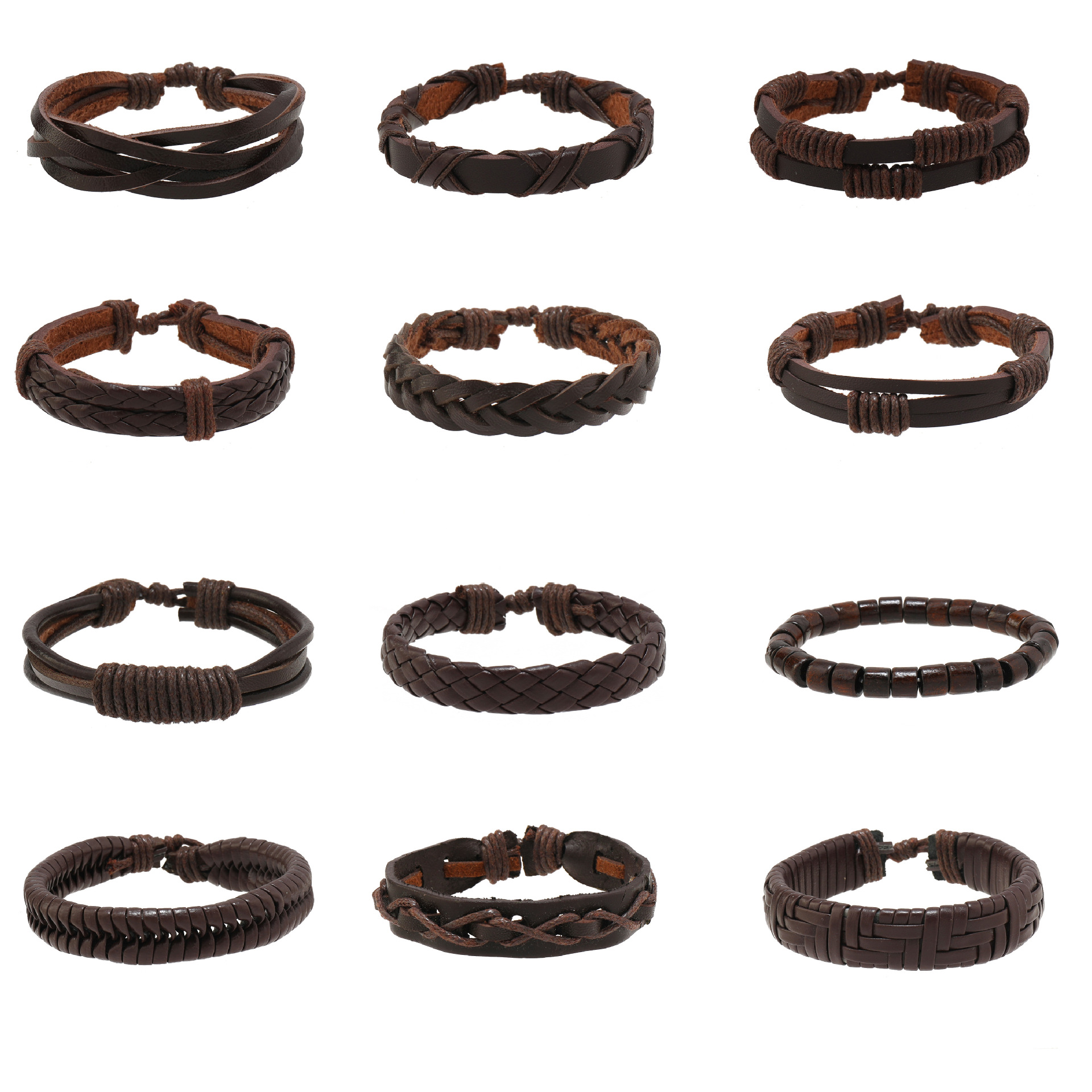 欧美跨境饰品热销潮流个性男士手饰真牛皮编织手链多根批发