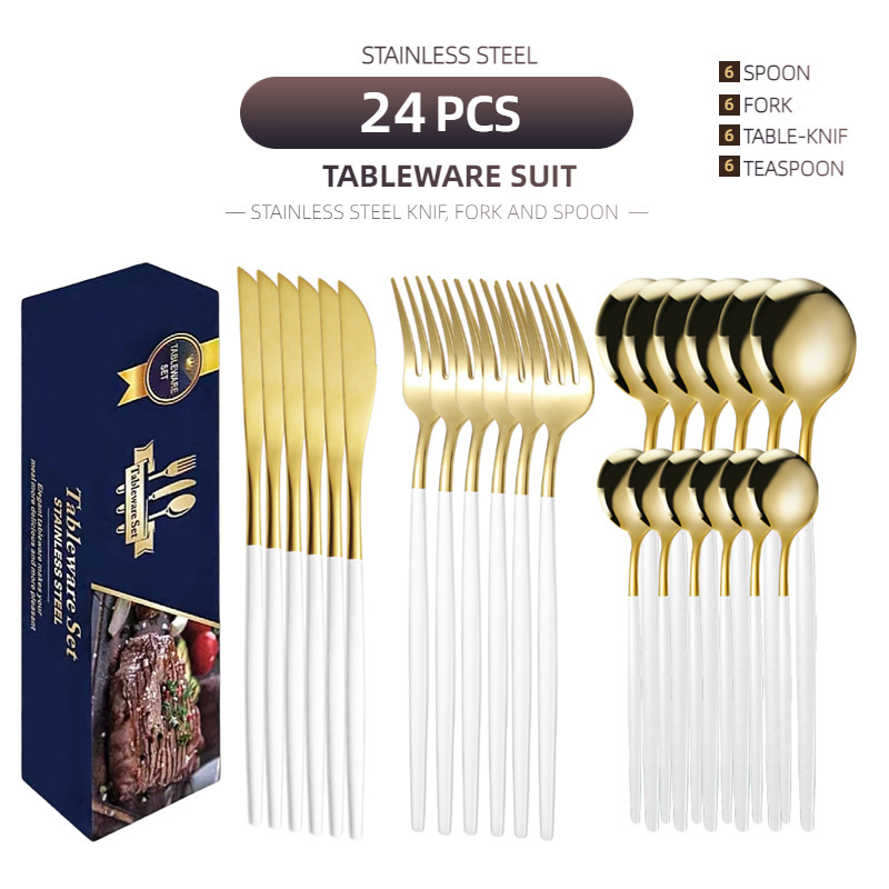 国境を越えたアマゾンポルトガルステンレス食器チタンメッキ金色ギフトボックス品ステーキナイフフォークスプーン24点セット|undefined