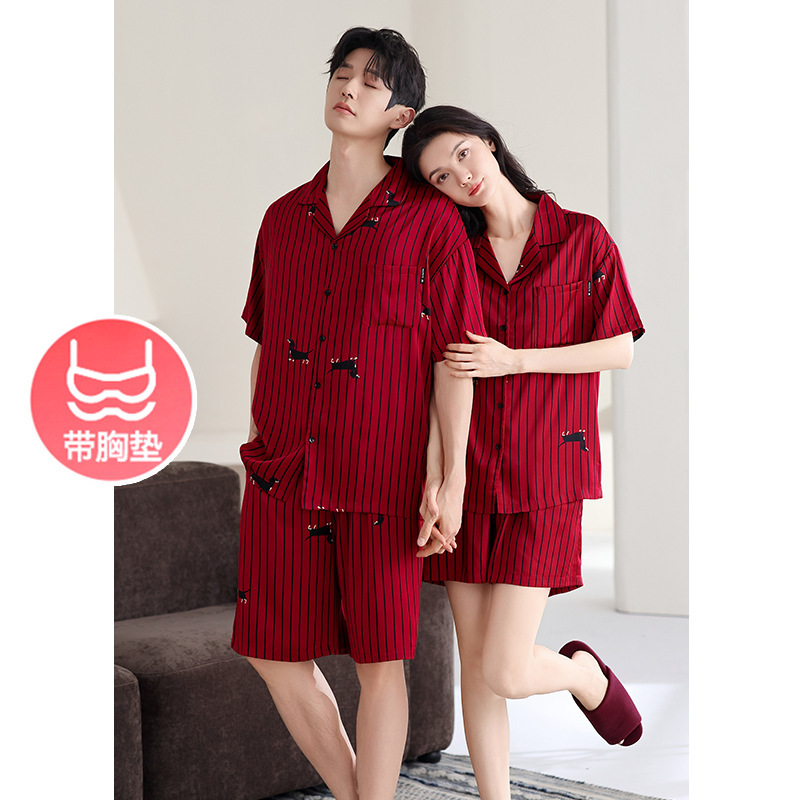 Red Pajamas with Chest Pads for Newlyweds, Summer Thin Short-Sleeve Ice Silk Home Wear for Couples, Men and Women Red Pajamas with Chest Pads for Newlyweds, Summer Thin Short-Sleeve Ice Silk Home Wear for Couples, Men and Women