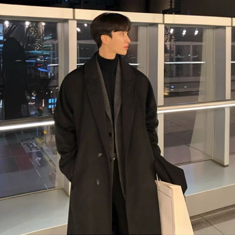 Демисезонное шерстяное пальто-тренч, мужское, в oversized английском/корейском стиле, средней длины, тёплое