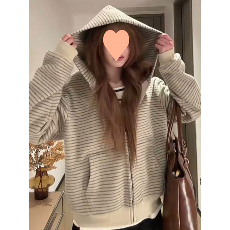高级感条纹连帽休闲宽松美式卫衣女2025秋季新款别致上衣|undefined