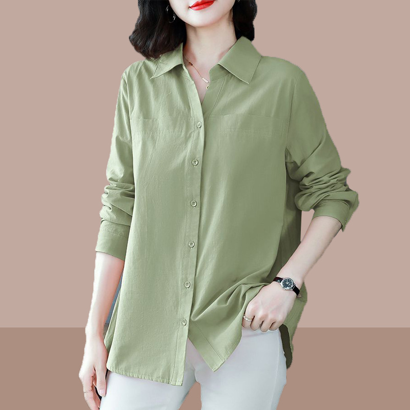 Middle-Aged Women's Shirts, Middle-Aged and Elderly Women's Versatile Korean Style Large Size Pure Cotton Shirts, Loose and Stylish Tops
