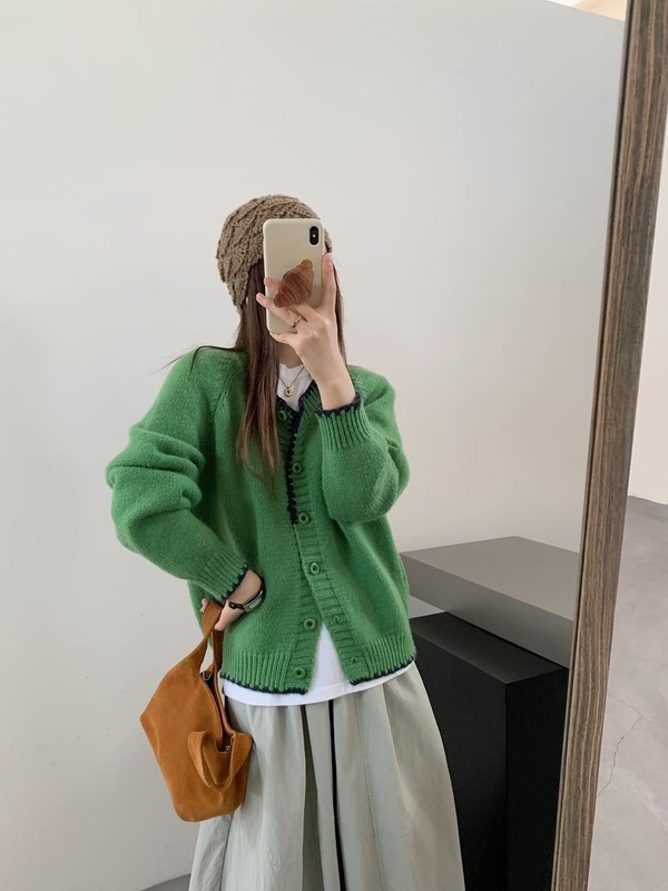 小个子韩系圆领彩扣设计感针织开衫女秋冬季新款宽松毛衣外套加厚|undefined