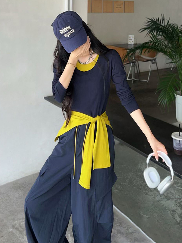 欧货休闲时尚套装女春秋设计感修身披肩长袖上衣阔腿工装裤三件套|undefined