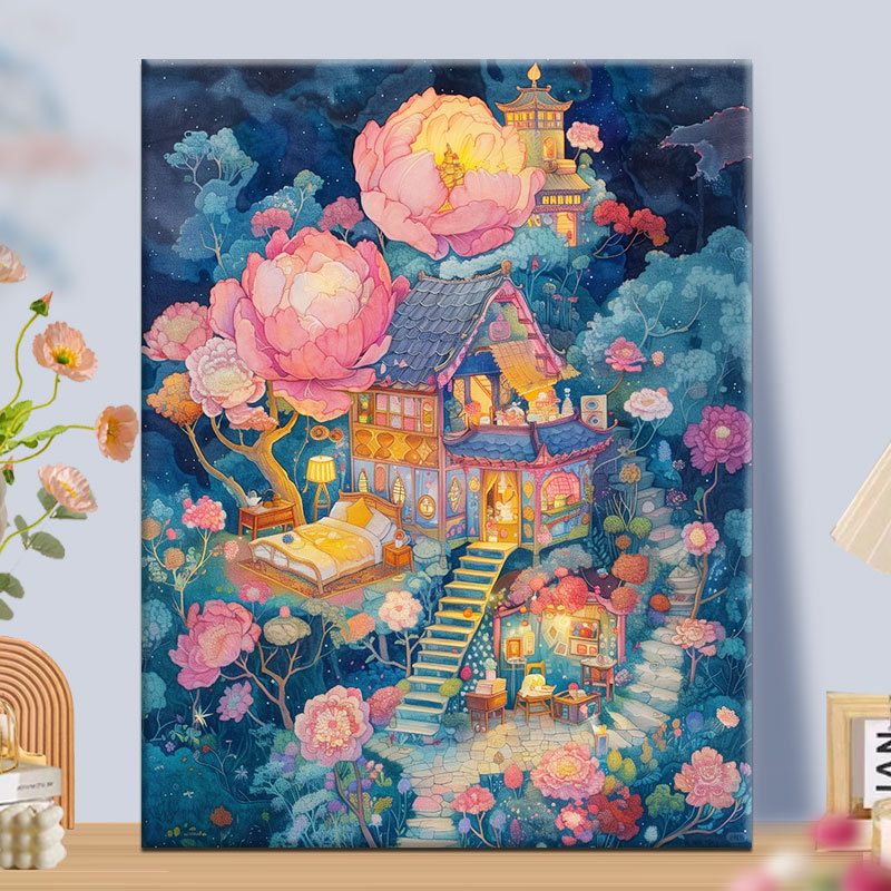 繁华树屋|diy数字油画丙烯填充手绘手工树屋治愈系减压油彩涂色画