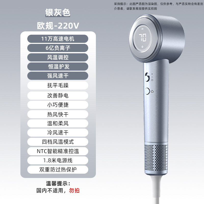 【D9-D】실버 그레이【유럽 규격 - 220V】- 11만 RPM 브러시리스 모터 + 6억 개 음이온 + 풍온 디지털 표시 + 자석식 풍량 노즐 + 1400W