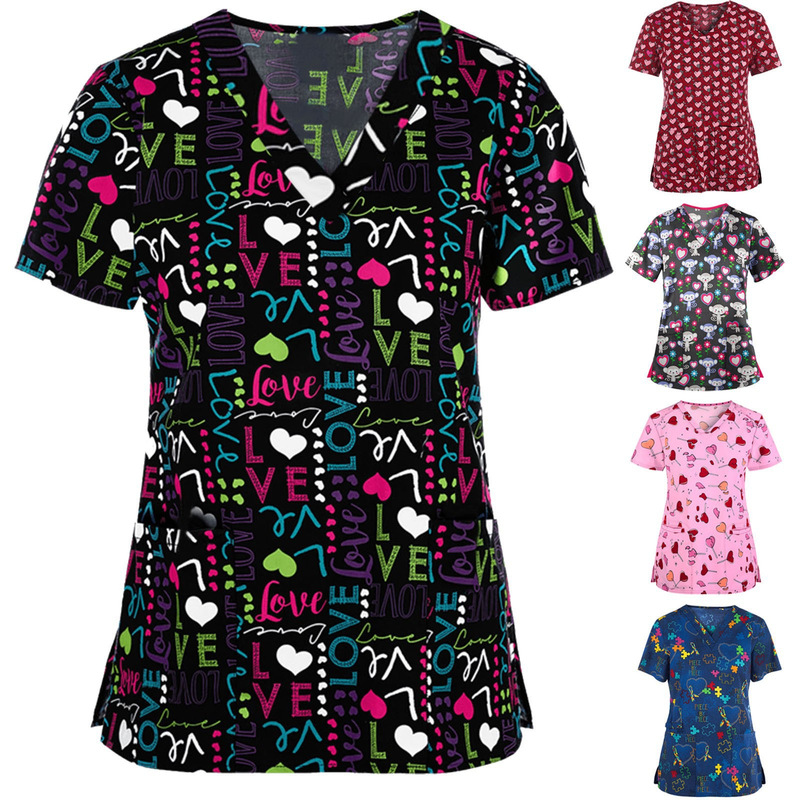 2025 cross-border new T-shirt overalls love floral 3D printing Europe and the United States loose casual women's nurse clothing