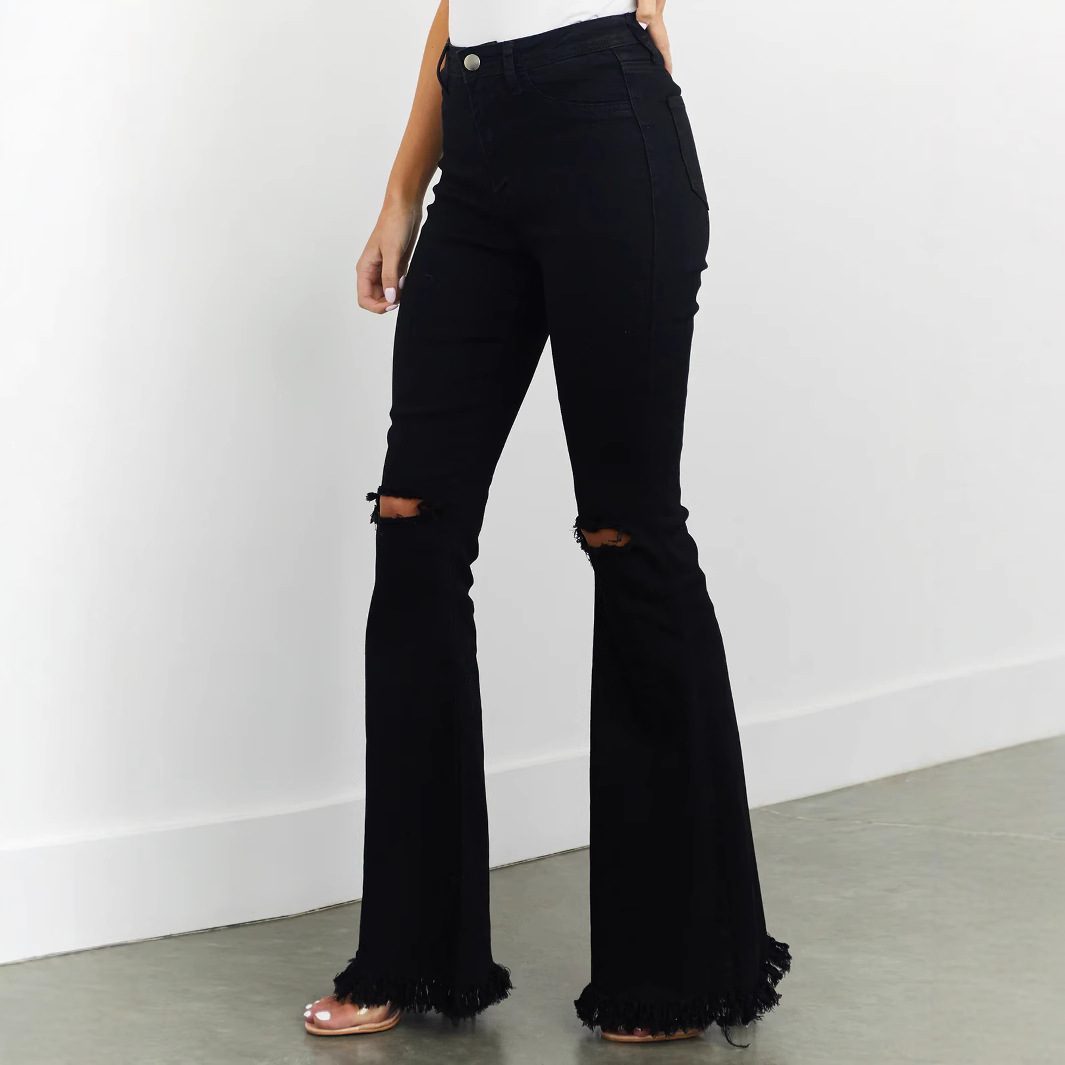 Jeans Acampanados para Mujer de Mezclilla de Algodón, Alta Elasticidad y Rotos