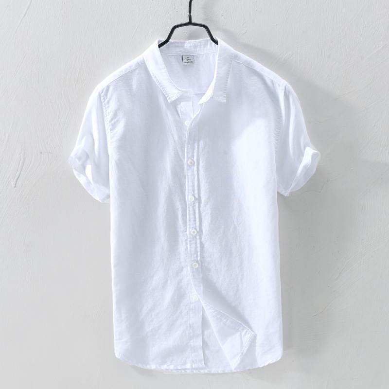 Cotton and Linen Short-Sleeved Shirt Pure Color White Work Clothes Simple Shirt Men's Linen Casual Half-Sleeved Shirt Sky Blue Top