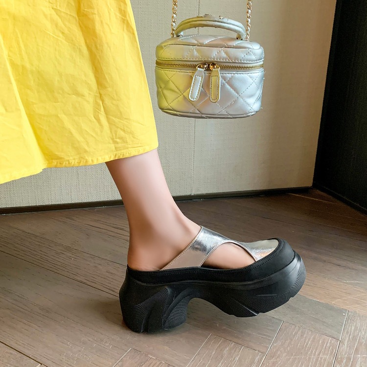 Dép sandal nữ da thật họa tiết da báo đế xuồng cao gót 9 cm — Trang chủ, màu đen, bạc chi tiết 87