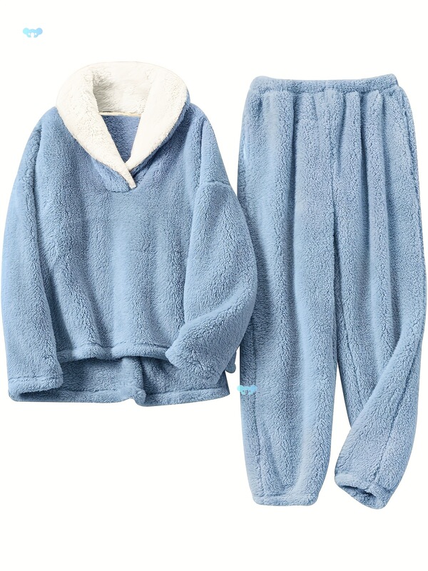 Solid Thermal Flannel Loungewear Sets Long Sleeve Tops跨境|undefined