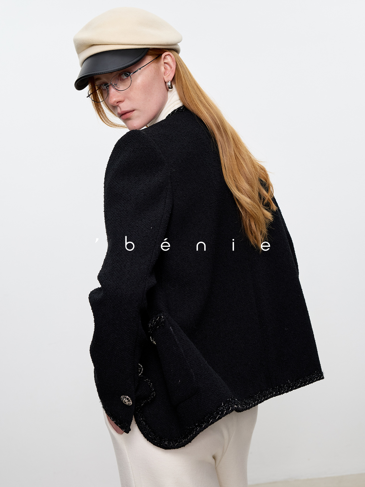 Black autumn demi-season elegant jacket with a round collar