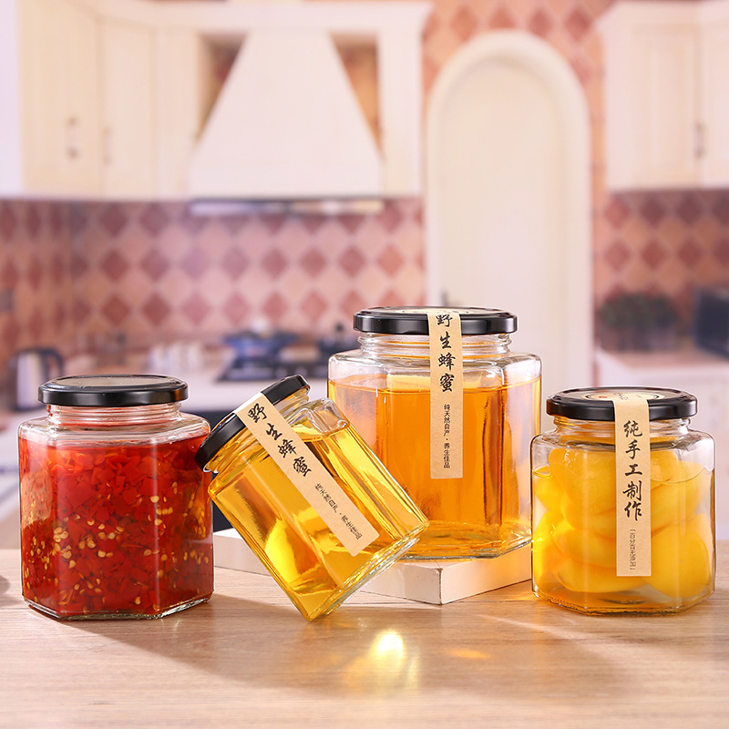 六棱玻璃罐密封食品级带盖空瓶500ml柠檬膏蜂蜜辣椒果酱专用瓶子