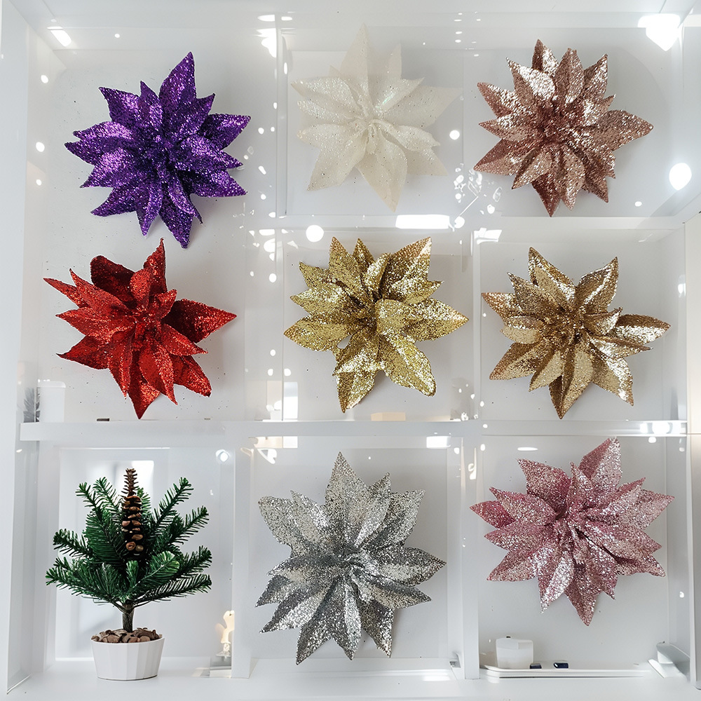 Polvo de oro de 9cm cabeza de flor de Navidad flor de simulación brillo flor de Navidad decoración de árbol de Navidad decoración de vacaciones accesorios de guirnalda