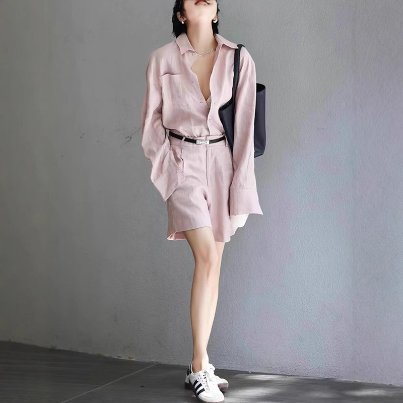 Pink Shirt suit 2025 Summer New Cotton Linen High Sense Yujie Fried Street Top Shorts Two-piece Set Pink Shirt suit 2025 Summer New Cotton Linen High Sense Yujie Fried Street Top Shorts Two-piece Set
