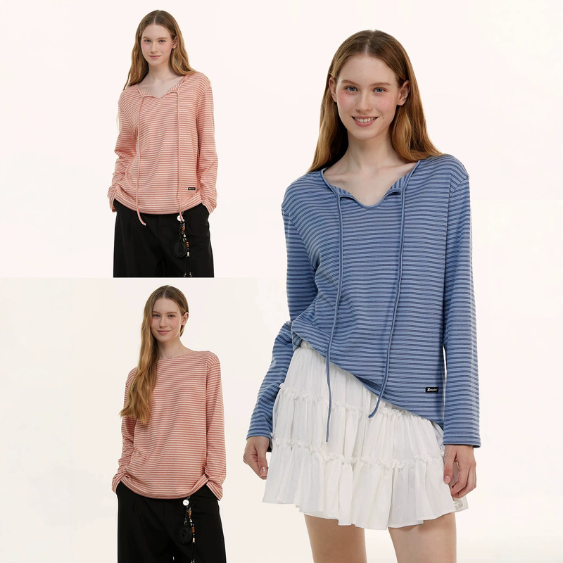 Korean-style striped reversible lace-up long-sleeve women's t-shirt, early autumn 2026 new loose-fitting design top Korean-style striped reversible lace-up long-sleeve women's t-shirt, early autumn 2026 new loose-fitting design top