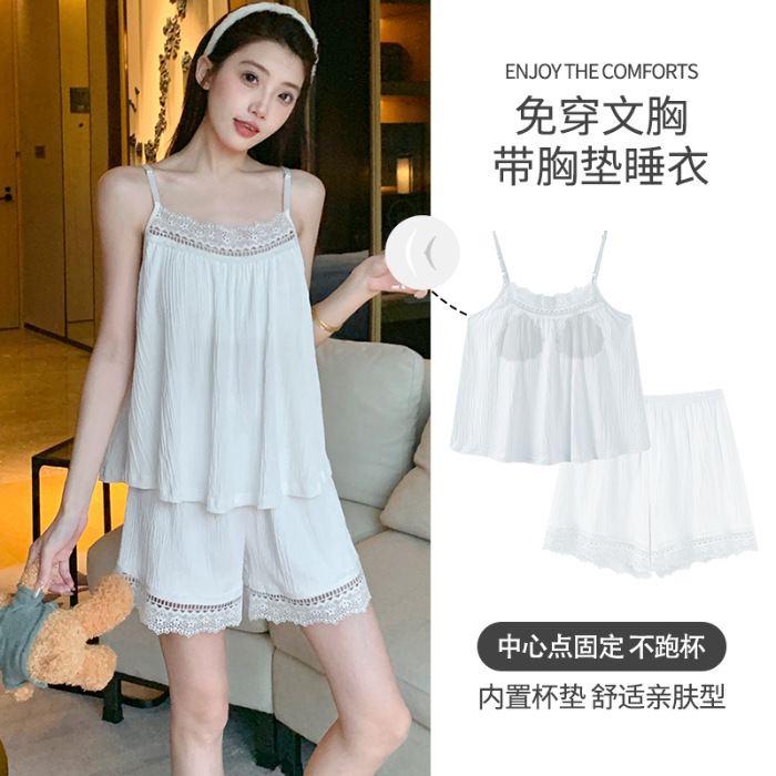 しわの布のしわの綿の胸のパッドのストラップのショートパンツのスーツの夏のパジャマの女性の部屋の服のその他の徳の絨毛の漫画|undefined