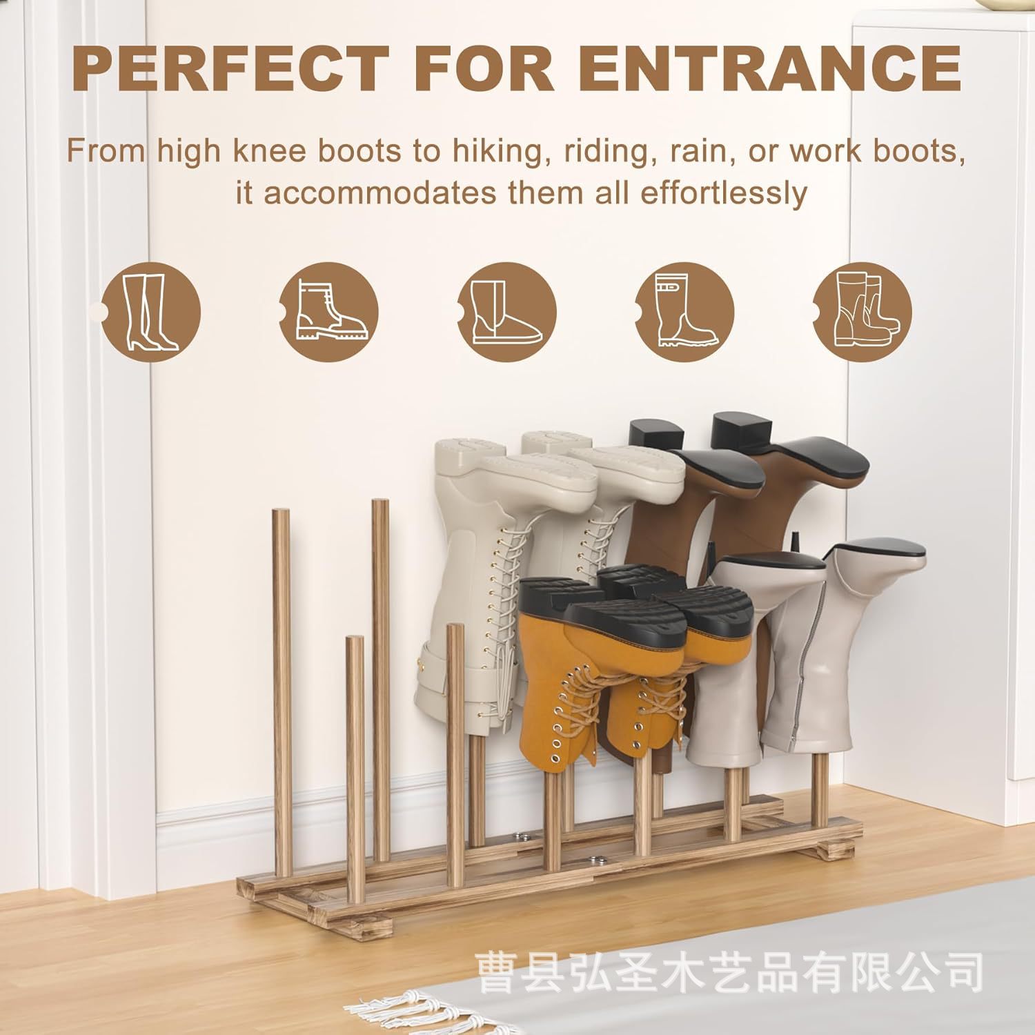 Soporte de botas de tubo vertical de bambú Soporte de almacenamiento de zapatos de pie libre de rejilla múltiple Inicio porche Soporte de acabado de botas altas de madera maciza