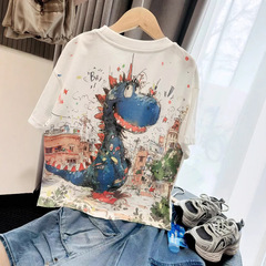 新しい子供の半袖の中国風のアニメの夏のtシャツの洋気のプリントの中で大きい子供の潮流の韓国版はゆったりしています。