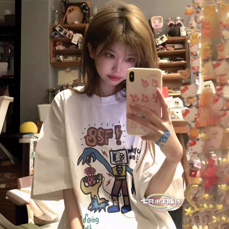 South Korea Dongdaemun Cartoon Graffiti Robot Short-sleeved T-shirt Women's Summer New Loose Stylish Half-sleeved Top Base South Korea Dongdaemun Cartoon Graffiti Robot Short-sleeved T-shirt Women's Summer New Loose Stylish Half-sleeved Top Base
