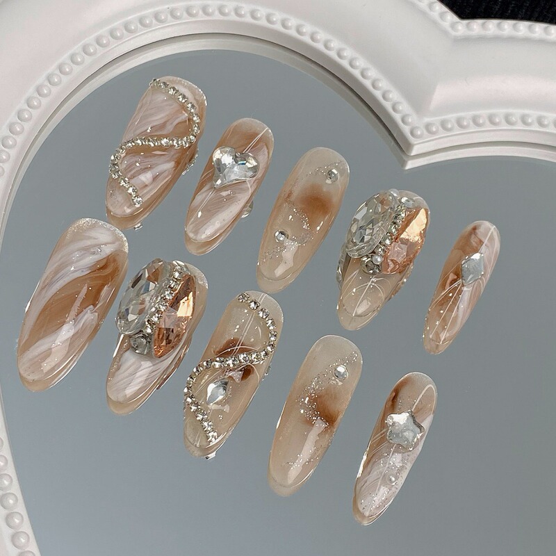Maillard Amber blooming handmade wear nail finished detachable nail patch autumn and winter high-grade white manicure Maillard Amber blooming handmade wear nail finished detachable nail patch autumn and winter high-grade white manicure