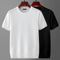 中空アイスシルク半袖Tシャツ夏薄手ニットセーターメンズシンプルで多用途通気性のあるラウンドネック半袖ファッショントップ
