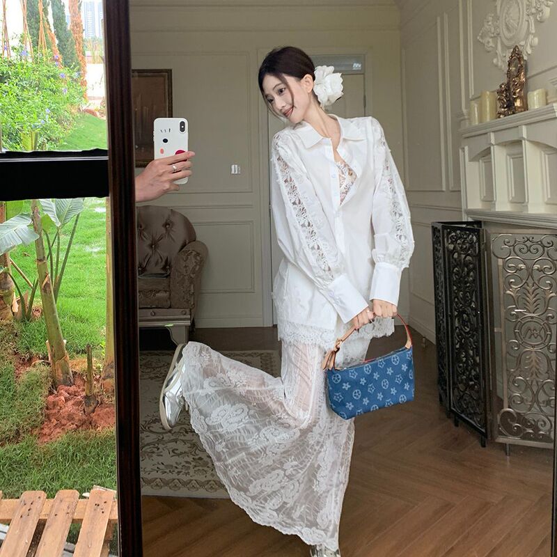 French-Style Design White Lace Hollow-Out Long-Sleeve Shirt for Women, Summer Lazy Style Thin Sun-Protective Top Jacket Trendy French-Style Design White Lace Hollow-Out Long-Sleeve Shirt for Women, Summer Lazy Style Thin Sun-Protective Top Jacket Trendy
