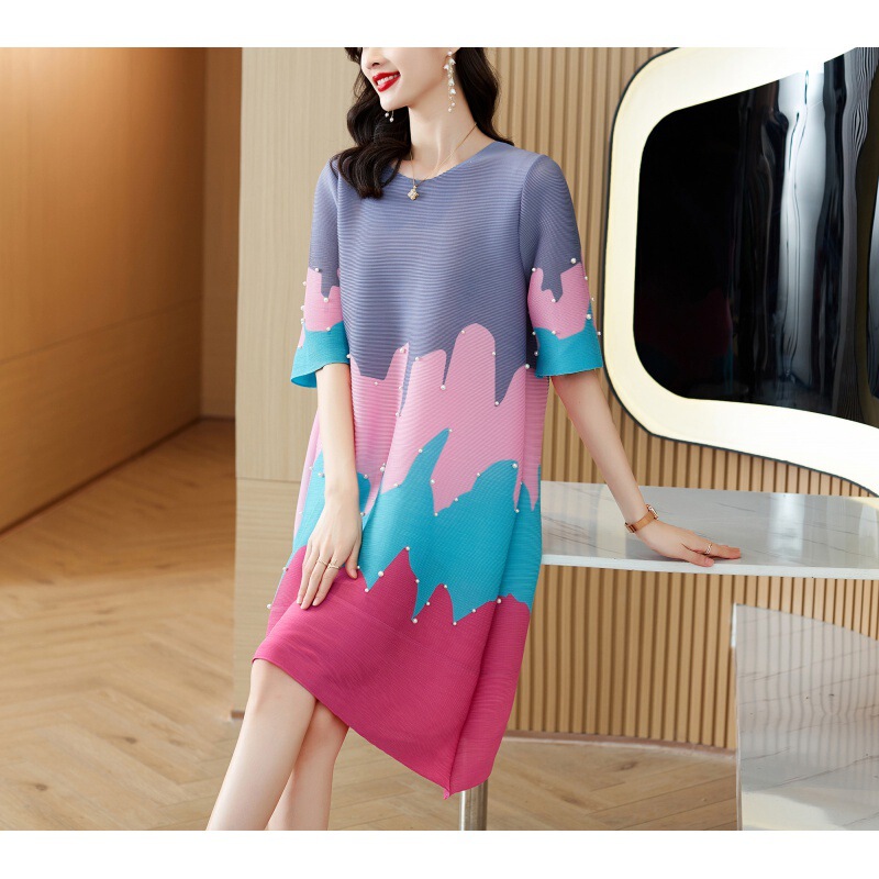 Miyake Pleated Dress 2025 Summer New Style Plus Size Printed Beaded Mid-Length Dress for Young Mothers, Slimming and Stylish