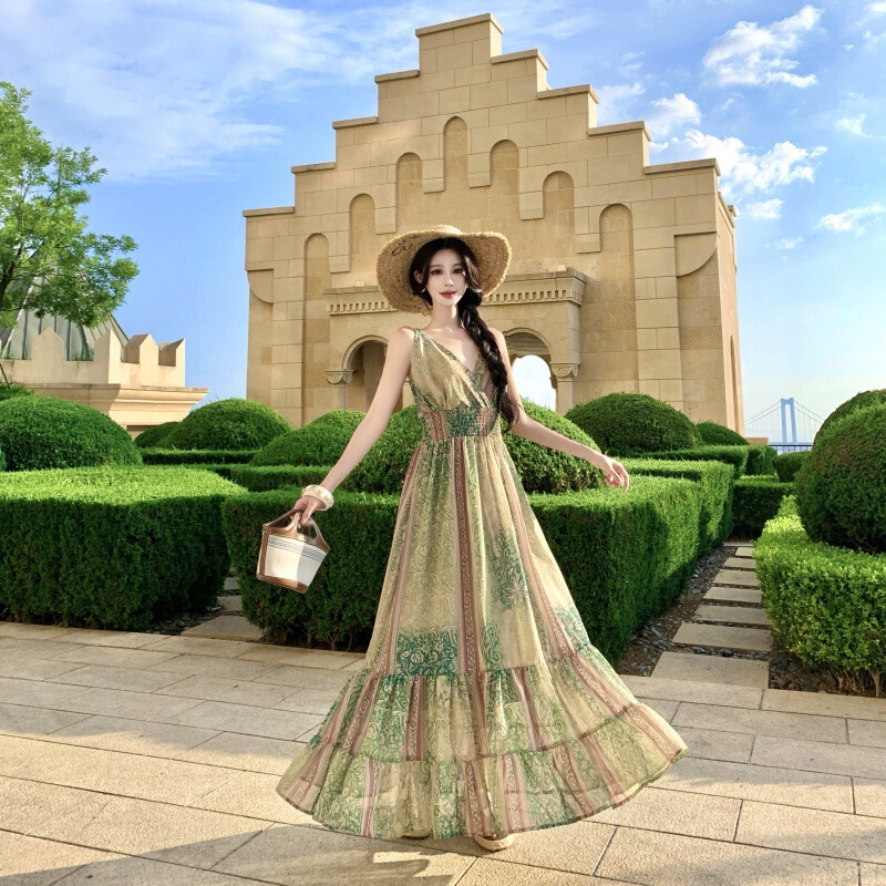 Skirt Suitable for Traveling and Taking Photos, Bohemian Seaside Vacation Waist-Cinching Green Printed Suspender Dress for Women Summer